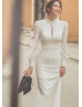 Long Sleeve Ivory Satin Keyhole Back Minimalist Wedding Dress